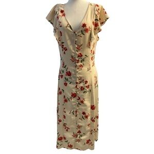 Primark Floral Dress In Cream Button Front Tie Back Size 10 Midi V Neck